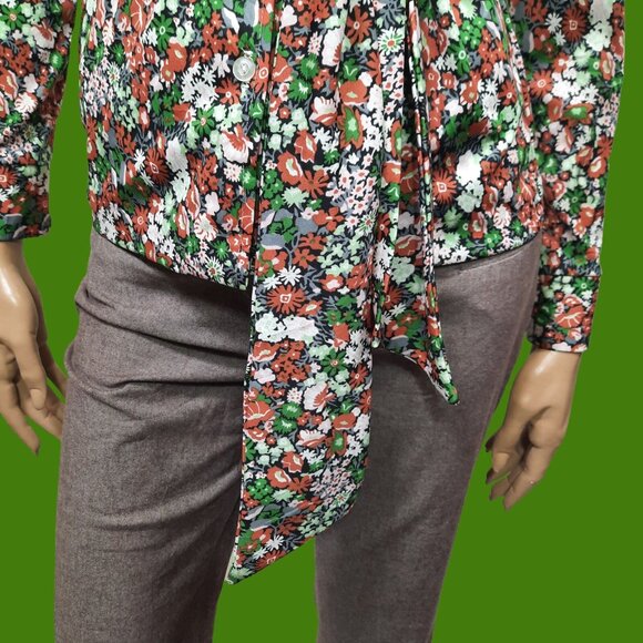 Vintage 70s Blouse Belted Floral Disco Dagger Collar Long Sleeve Button Up Sz S - Picture 6 of 11